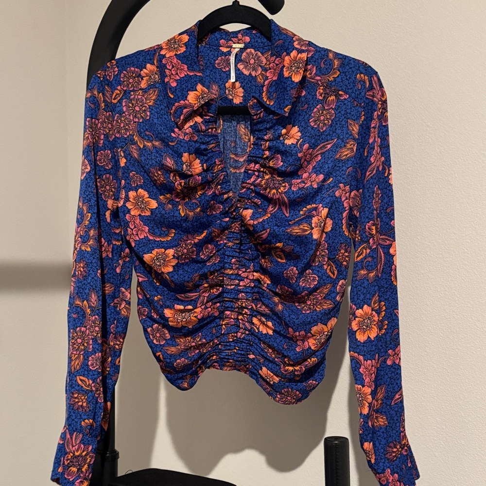 Free People Floral Ruched Blue and Orange Women's Top